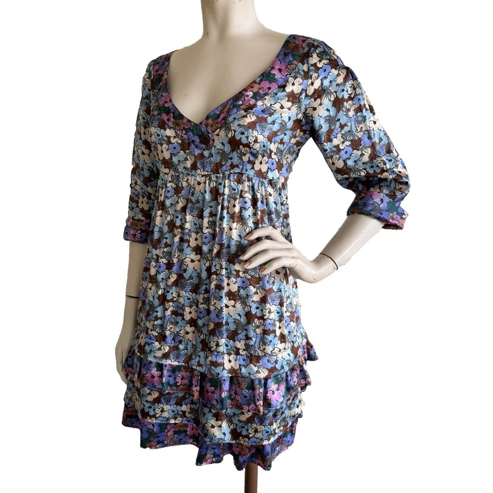 MAX & CO. 100% Silk Dress Floral Ruffled Max Mara V-Neck Empire Waist Size 4